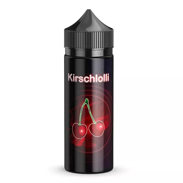 Kirschlolli Longfill 100ml schwarze Flasche mit leuchtendem Kirsch-Motiv, Nahaufnahme ohne Hintergrunddeko