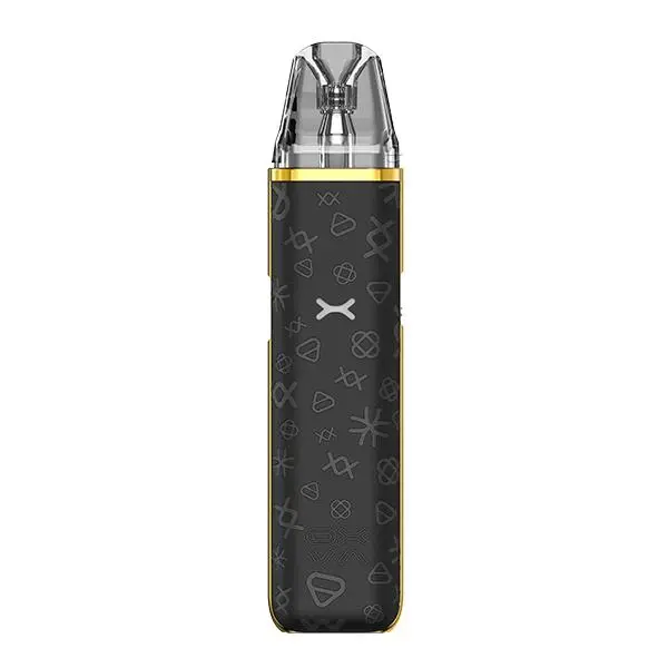 Oxva Xlim Go Pod Kit in Schwarz mit goldenen Akzenten und Gravur-Muster, Frontansicht
