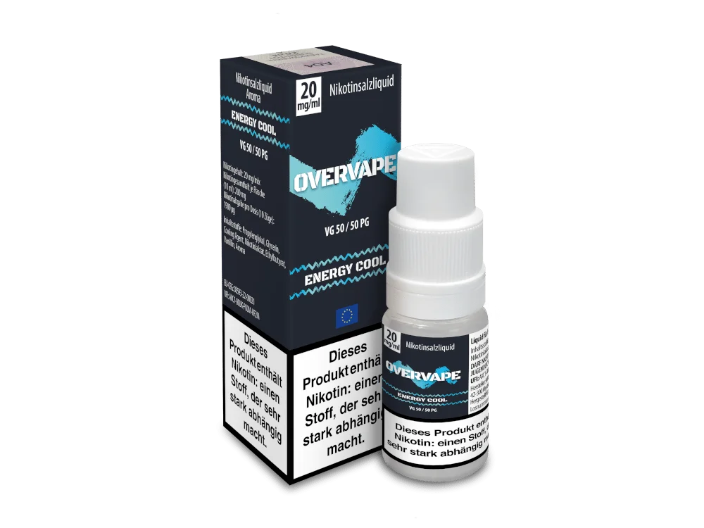 Overvape Energy Cool Nikotinsalz-Liquid 10ml – Flasche neben dunkler Verpackung mit Etikett, türkis-blaues Design