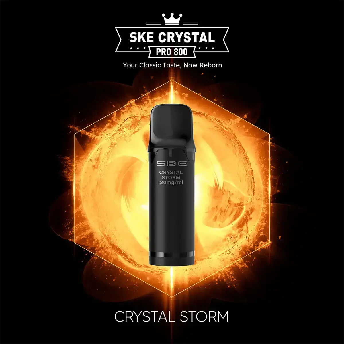 SKE Crystal 800 Pro Prefilled Pod Crystal Storm – schwarzer Pod vor dramatisch leuchtendem orangefarbenem Hintergrund