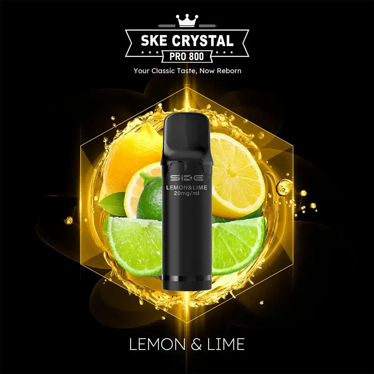 SKE Crystal 800 Pro Pod Lemon & Lime – schwarze Kartusche vor gelbem Zitrusfrucht-Hintergrund