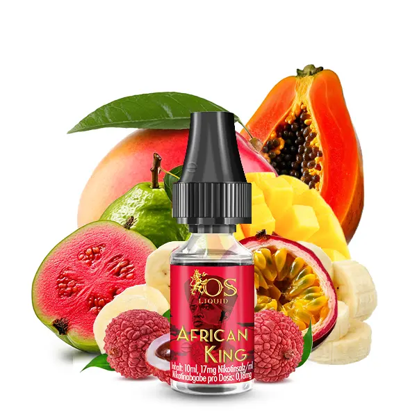 os-liquid-african-king-nikotinsalz-liquid-1.jpg OS Liquid African King 10ml Nikotinsalz-Liquid Flasche mit tropischen Früchten wie Papaya und Litschi