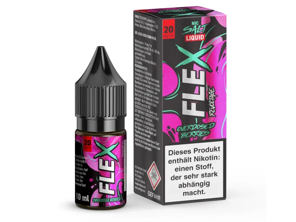 Revoltage Flex Overdosed Berries 10ml Nikotinsalz-Liquid – Flasche und pinke Verpackung Schrägansicht