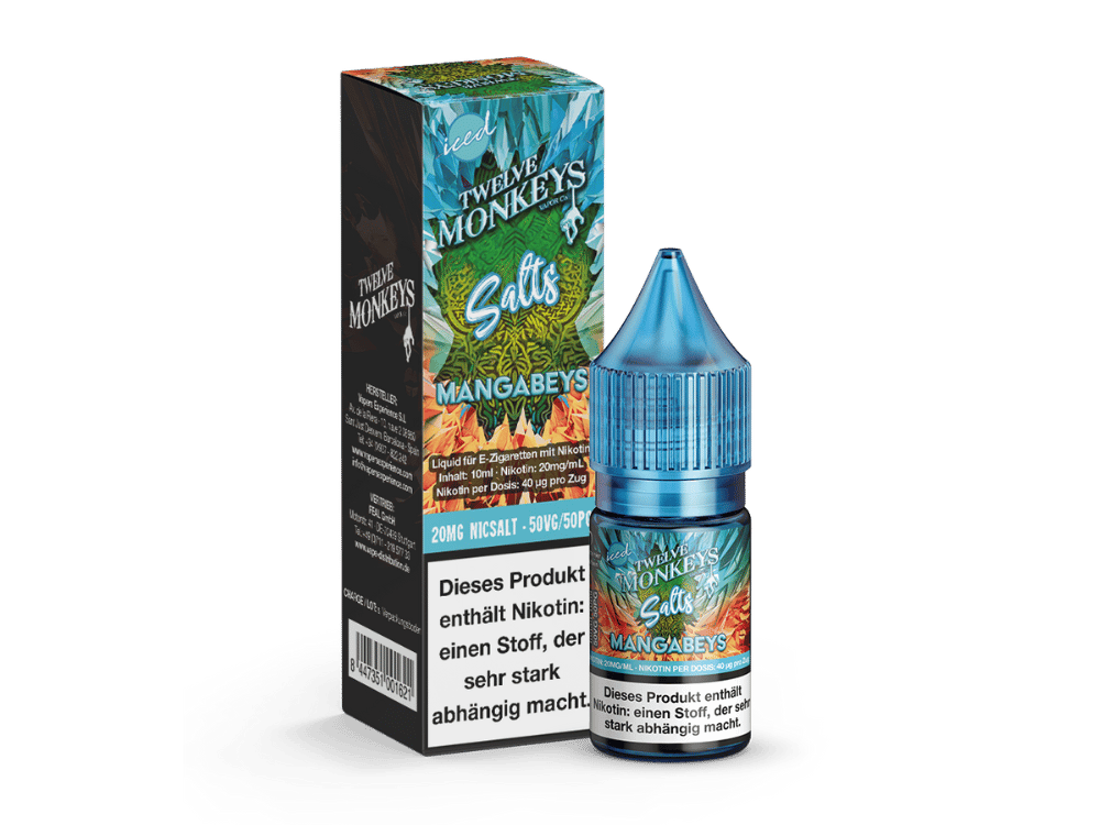 Twelve Monkeys Iced Mangabeys 10ml Nikotinsalz-Liquid, grün-orange Karton mit Flasche, Frontansicht