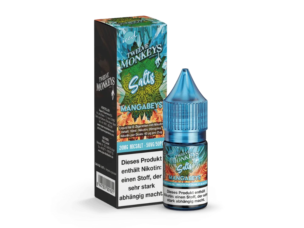Twelve Monkeys Iced Mangabeys 10ml Nikotinsalz-Liquid, grün-orange Karton mit Flasche, Frontansicht
