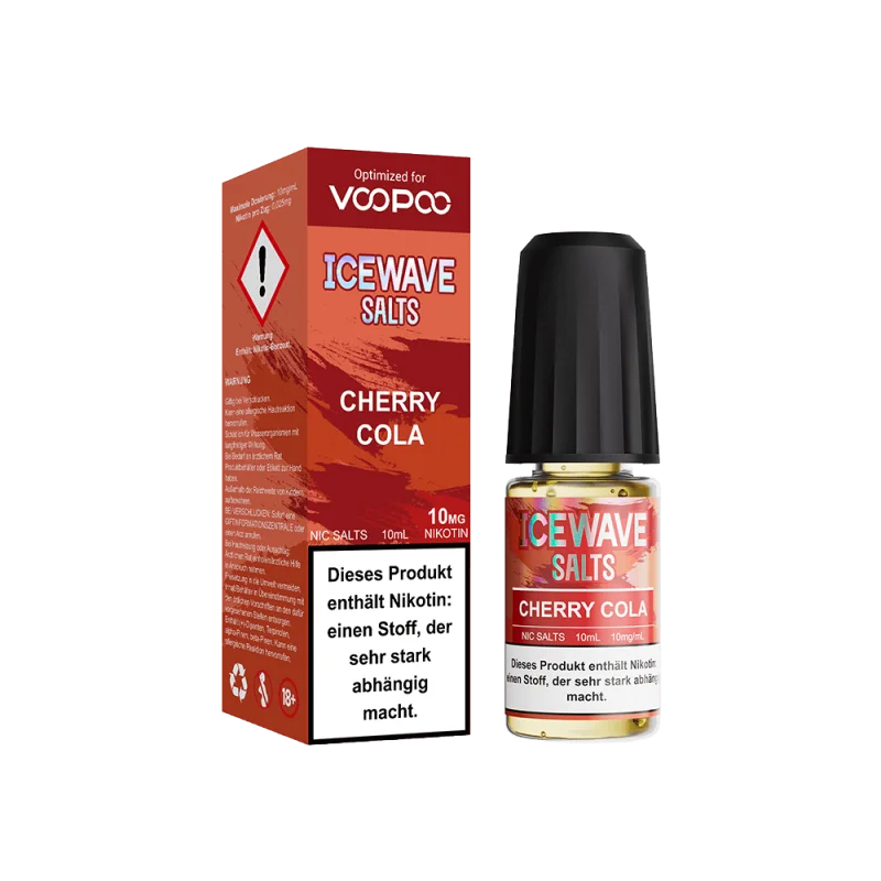 WAV302_800x800.png?ts=1763551962 Icewave Salts Cherry Cola 10ml Nikotinsalz-Liquid – rote Schachtel mit Flasche, Vorder- und Seitenansicht