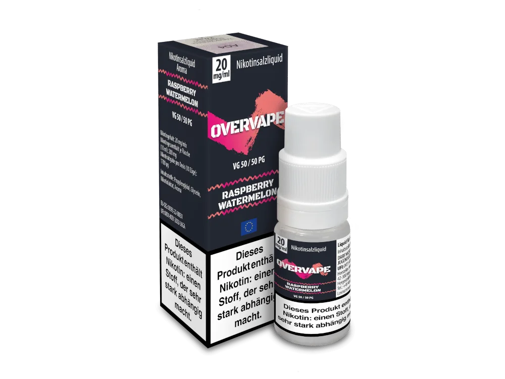 Overvape Raspberry Watermelon Nikotinsalz-Liquid 10ml – Flasche und Verpackungsbox nebeneinander, Frontansicht