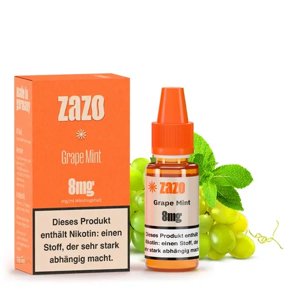 ZAZO Classics Grape Mint 10ml Liquid 8mg – Flasche mit orangefarbener Verpackung und Weintrauben-Minze-Motiv