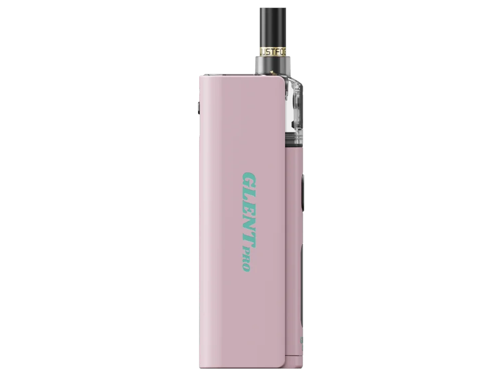 JustFog-GLENT-PRO-E-Zigaretten-Set-Pink_4_1000x750.png JustFog Glent Pro Kit in Rosa – kompaktes Pod-System mit türkisem Logo, Seitenansicht