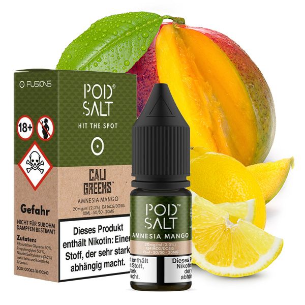 PodSalt Fusion Amnesia Mango 10ml Nikotinsalz-Liquid, Flasche mit Mango- und Zitrusfrucht-Motiv