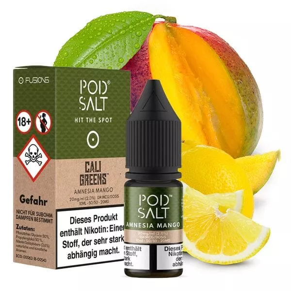 PodSalt Fusion Amnesia Mango 10ml Nikotinsalz-Liquid, Flasche mit Mango- und Zitrusfrucht-Motiv