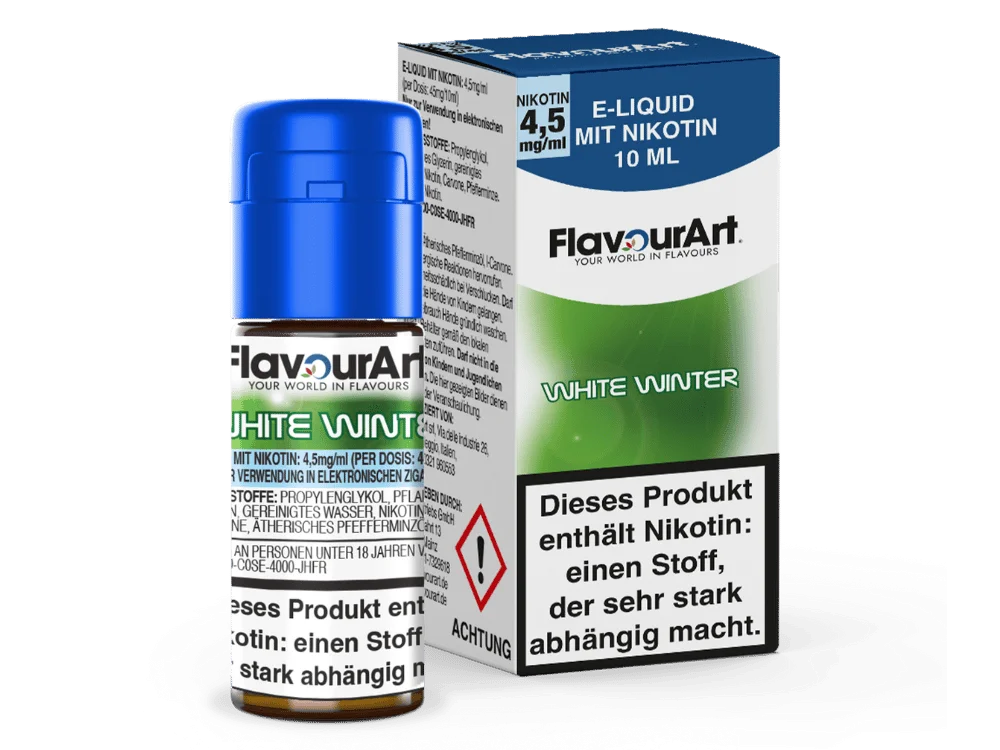 FlavourArt_Liquid_White_Winter_4-5_mg_Flasche_Packung_1000x750.png Flavourart White Winter 10ml eLiquid mit grüner Verpackungsbox und Flasche, Vorderansicht