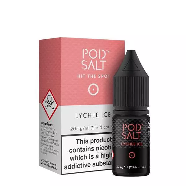 source356319.jpg PodSalt Lychee Ice Nikotinsalz-Liquid – rosafarbene Verpackung und schwarze 10ml Flasche, Gesamtansicht