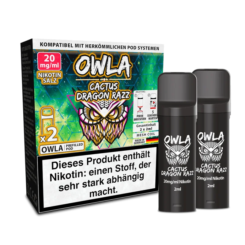 OWLA206_800x800.png?ts=1770994858 OWL Owla Cactus Dragon Razz Prefilled Pod 2er-Pack in grüner Verpackung mit zwei schwarzen Pods, 20 mg