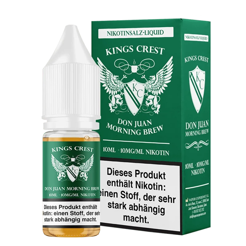 Kings Crest Don Juan Morning Brew 10ml Nikotinsalz-Liquid, grünes Flakon mit Schachtel, seitliche Ansicht