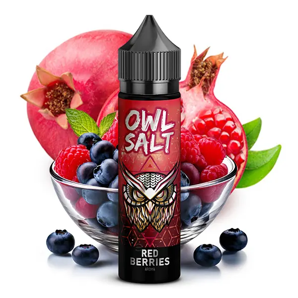 owl-salt-redberries-aroma-2.jpg OWL Salt Red Berries Longfill 60ml Flasche mit Eulen-Logo, umgeben von Himbeeren, Heidelbeeren und Granatapfel