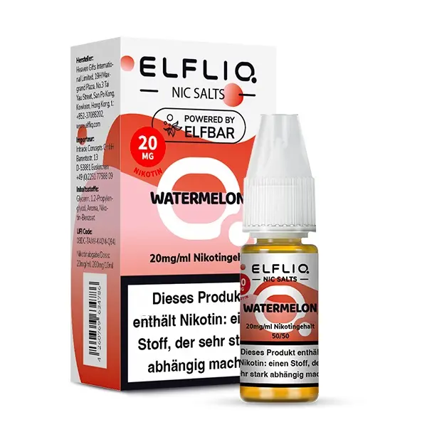 Elfliq Watermelon Nikotinsalz-Liquid 10ml von Elfbar – Verpackung mit Flasche, 20mg Stärke