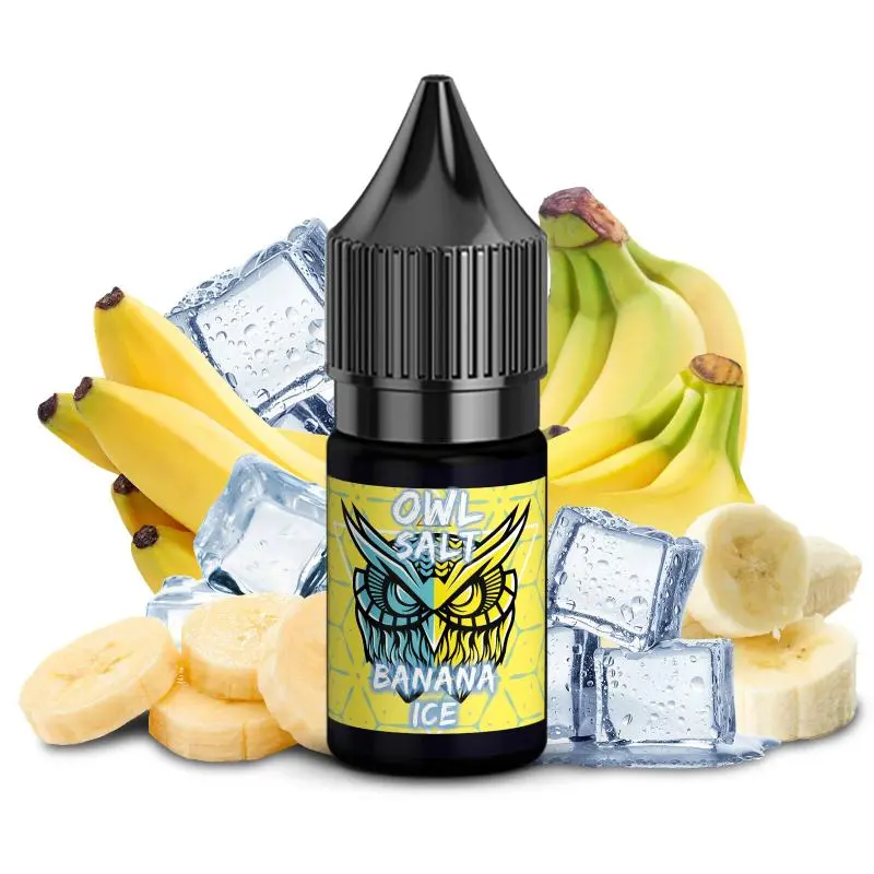 source45393.jpg OWL Banana Ice 10ml Nikotinsalz-Liquid Flasche mit Bananen und Eiswürfeln im Hintergrund