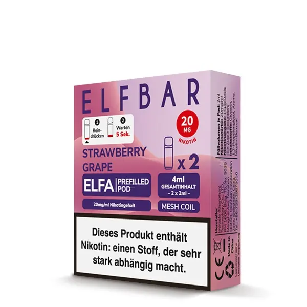 Elfbar Elfa Pods 20mg/ml Strawberry Grape im 2er Pack – lila-rosa Verpackung mit zwei vorgefüllten Pods