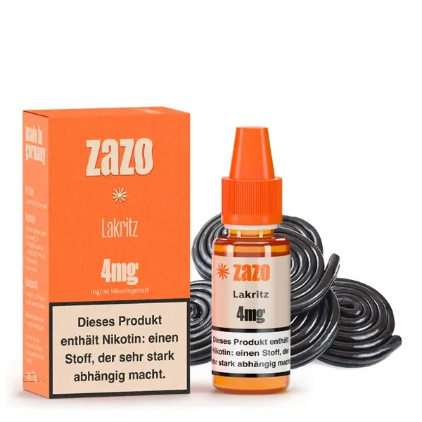 ZAZO Classics Lakritz 10ml Liquid, orange Flasche mit Verpackungskarton, 4mg Nikotin, Seitenansicht