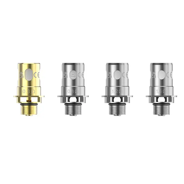4 Innokin Z-Coil Mesh V2 Verdampferköpfe in Silber und Gold nebeneinander auf weißem Hintergrund