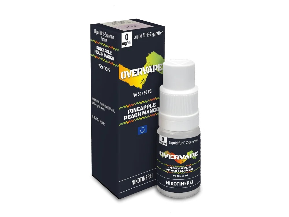 overvape_nicsalt_pineapple_peach_mango_0mg_v2_1000x750.png Overvape Pineapple Peach Mango Nikotinsalz-Liquid 10ml – einzelne Flasche mit gelbem Etikett, Frontansicht