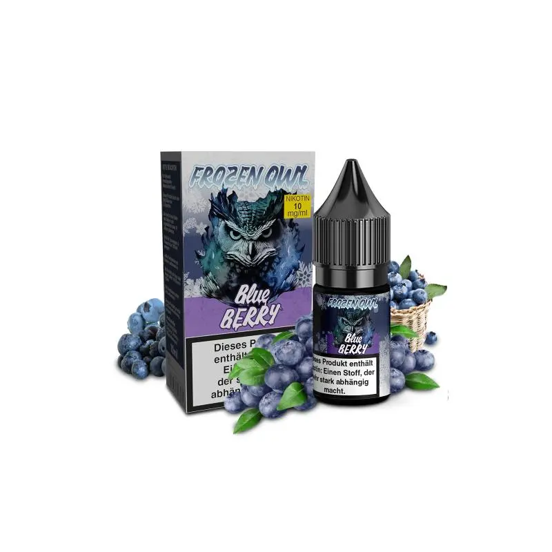 source115088.jpg OWL Frozen Blueberry 10ml Nikotinsalz-Liquid Flasche neben Verpackungskarton mit Blaubeeren-Motiv
