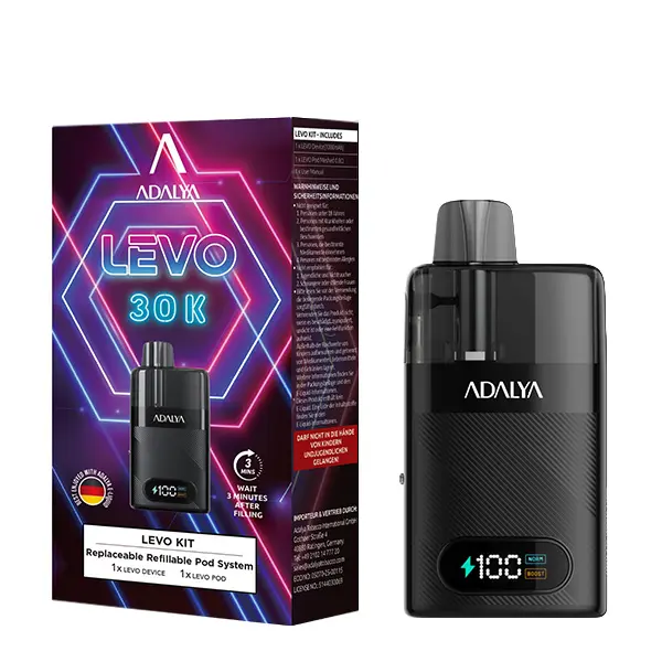 Adalya Levo Open Pod Kit Schwarz – Gerät neben Verpackungskarton mit Produktbeschriftung