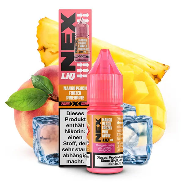 NexLiq Mango Peach Frozen Pineapple 10ml Nikotinsalz-Liquid Flasche frontal mit Frucht-Hintergrund
