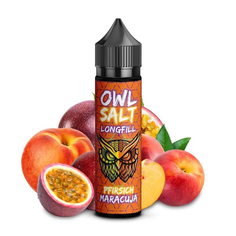 OWL Salt Pfirsich Maracuja Longfill 60ml – Flasche mit Pfirsich- und Maracujafrucht-Motiv