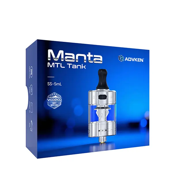 advken-manta-mtl-3Cvh7Zd3lNfnFJ.jpg Advken Manta MTL Tank Verdampfer in silber mit blauer Produktverpackung, Vorderansicht