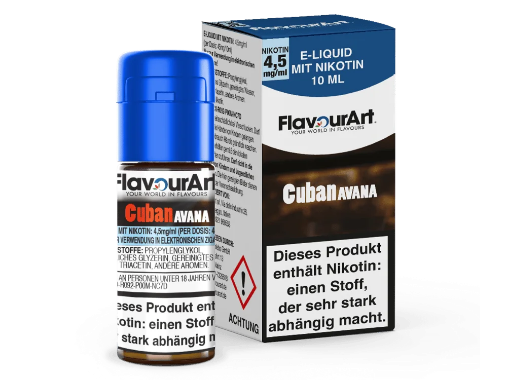 Flavourart Cuban Avana 10ml Liquid 4,5 mg/ml – dunkelblaue Verpackung mit Flasche