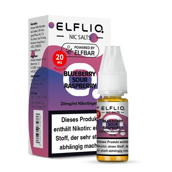 Elfbar Elfliq Blueberry Sour Raspberry Nikotinsalz-Liquid 10ml, lila-pinke Verpackung 20mg