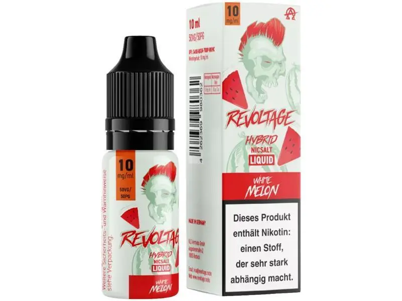 Revoltage White Melon 10ml Hybrid-Nikotinsalz-Liquid, einzelne Flasche rot-weiß mit Warnhinweis