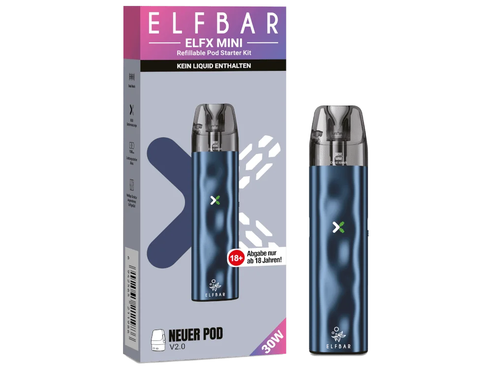 Elfbar ELFX Refillable Mini E-Zigaretten-Set in Marineblau, Frontansicht mit Pod und Gerät in Verpackung