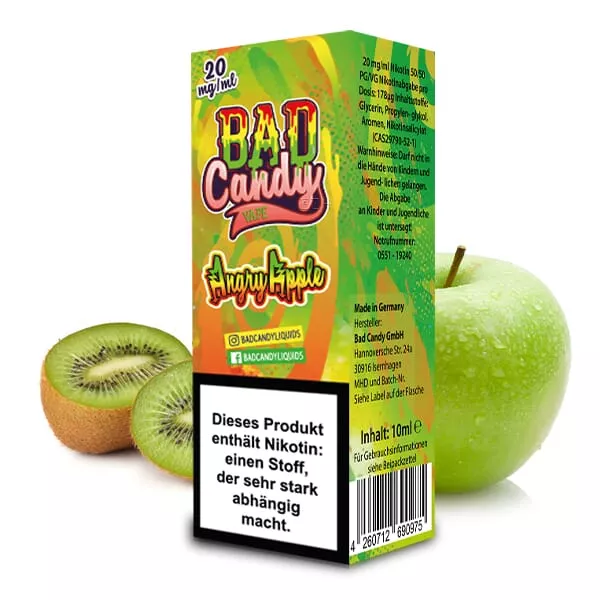 source731938.jpg Bad Candy Angry Apple Nikotinsalz-Liquid 10ml, Flasche mit grün-orangem Etikett, Kiwi und Apfel auf der Verpackung abgebildet