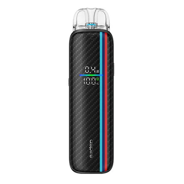 Aspire Pixo Max Pod Kit in Carbon Black mit roten und blauen Streifen, Display sichtbar