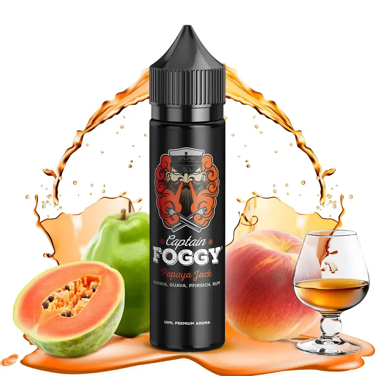 Captain Foggy Papaya Jack Longfill Flasche mit schwarzem Label, Papaya und Brandy-Motiv