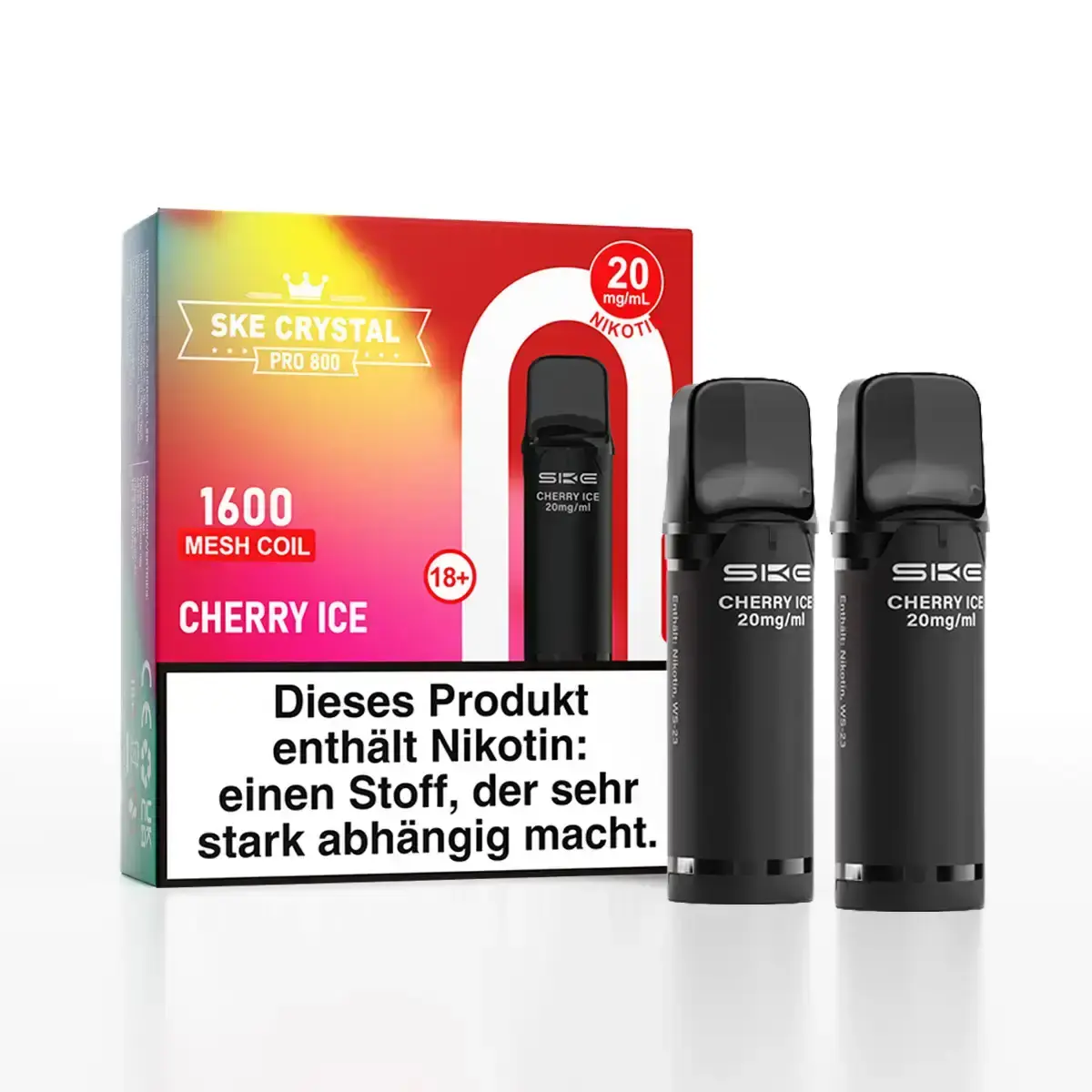 SKE Crystal 800 Pro Prefilled Pod Cherry Ice – 2er-Packung mit roter Verpackungsbox, schwarze Pods