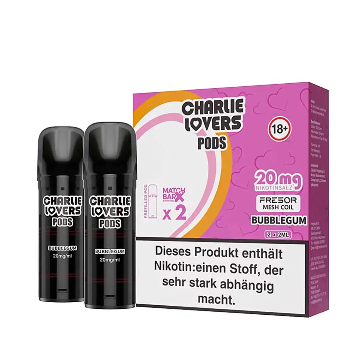 Charlie Lovers Prefilled Pod Bubblegum – 2er-Pack mit pink-violetter Verpackung und zwei schwarzen Pods, 20 mg