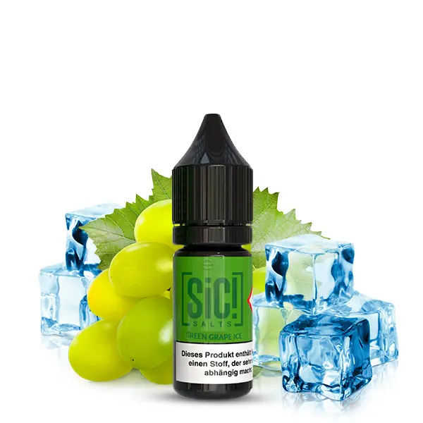 SiC! Salts Green Grape Ice 10ml Nikotinsalz-Liquid – Flasche mit grünem Etikett, helle Weintrauben und Eiswürfel