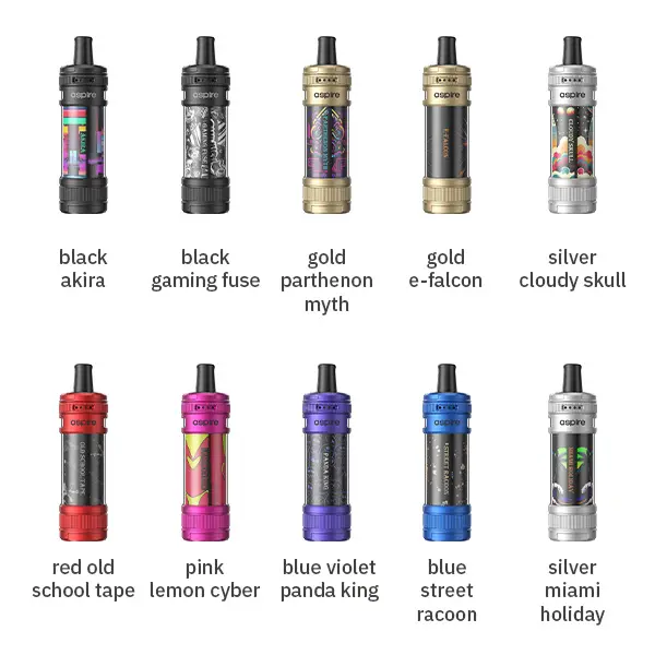 Aspire Magnum Nano Pod Kit Farbübersicht mit allen 10 Varianten: schwarz, gold, silber, pink, blau und weitere