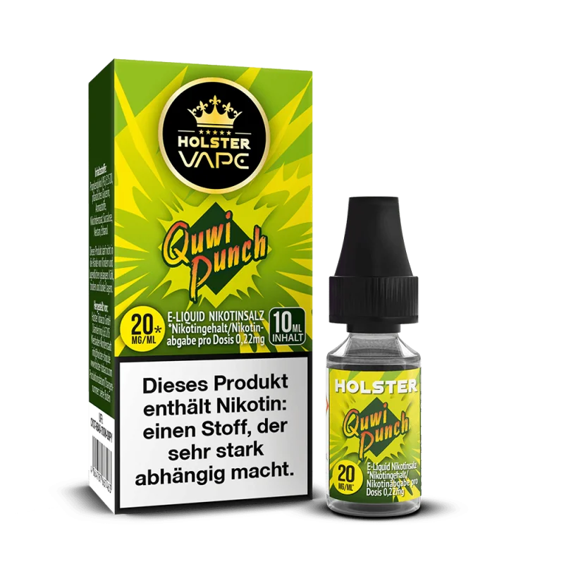 Holster Quwi Punch Nikotinsalz-Liquid 10ml in gelb-grüner Verpackung mit 20mg Nikotingehalt