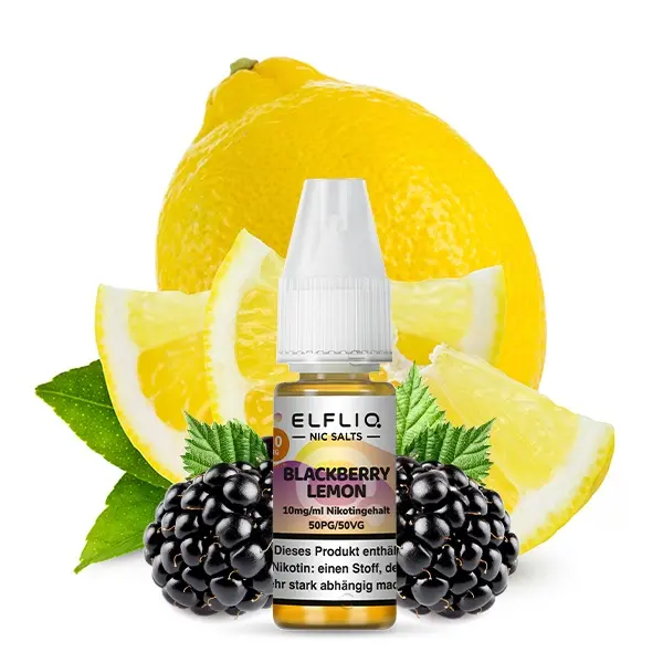 Elfliq Blackberry Lemon 10ml Flasche vor Brombeeren und Zitronen, Elfbar Nikotinsalz-Liquid
