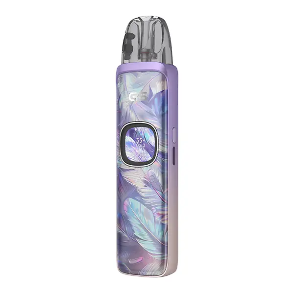 Uwell Caliburn G5 Pod Kit in Lila-Feder-Muster (Aurora Feathers) mit silbernem Akzentring