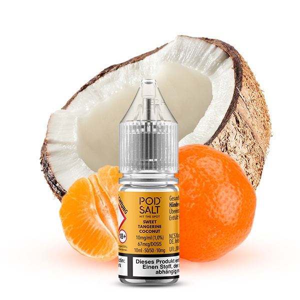 PodSalt Xtra Sweet Tangerine Coconut 10ml Nikotinsalz-Liquid Flasche mit Mandarine und Kokosnuss im Hintergrund