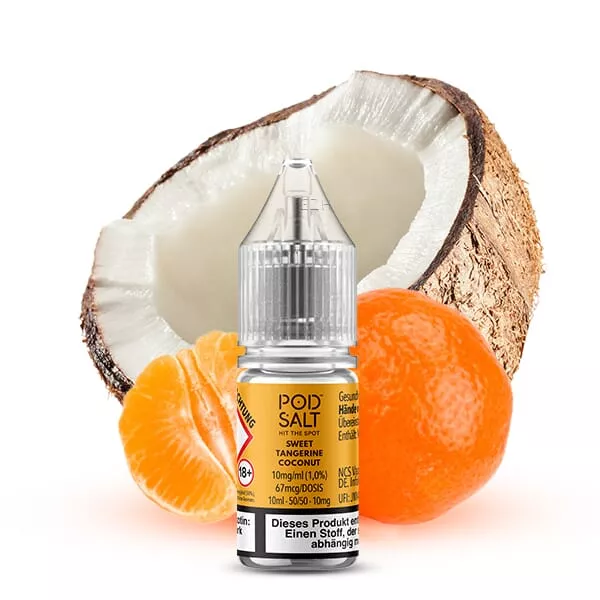 PodSalt Xtra Sweet Tangerine Coconut 10ml Nikotinsalz-Liquid Flasche mit Mandarine und Kokosnuss im Hintergrund