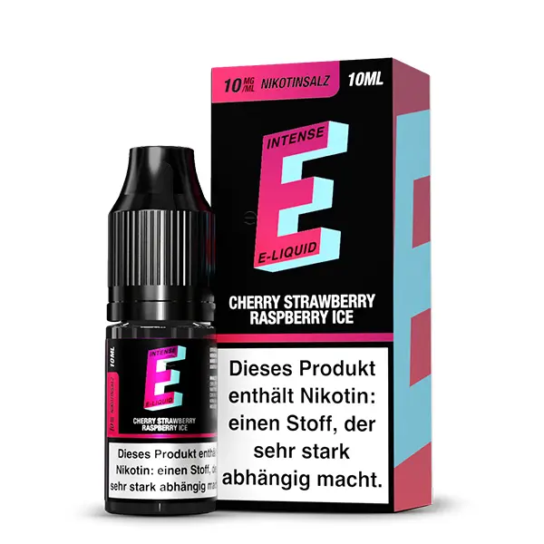 E-Intense Cherry Strawberry Raspberry Ice 10ml Nikotinsalz-Liquid, pink-rotes Flaschenetikett, Vorderansicht mit Nikotinwarnhinweis