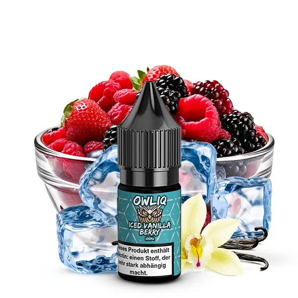 Owliq Iced Vanilla Berry Nikotinsalz-Liquid 10ml, blaue Flasche vor Beeren, Eiswürfeln und Vanille