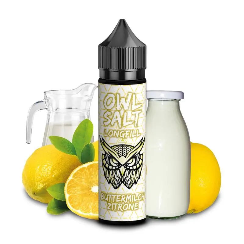 OWL Buttermilch Zitrone Longfill, große Flasche mit Zitronen und Milchkrug im Hintergrund